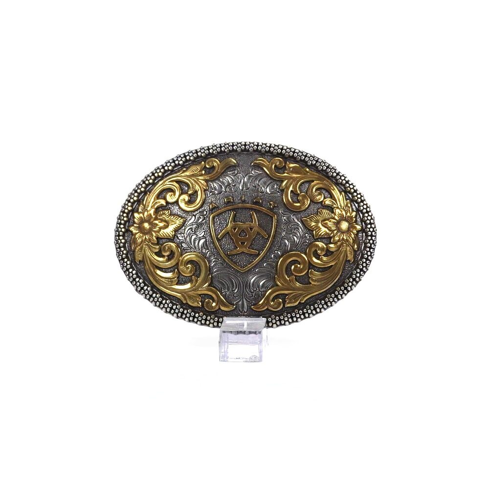 3200 Oval Buckle with Logo, Floral Scrolls and Filigree Detail, Antique